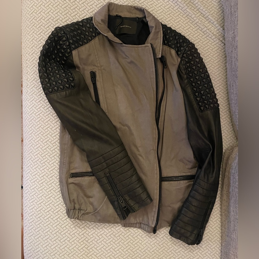 Very cool Maison Scotch twill moto jacket with leather detail sleeves.